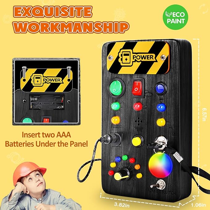 Busy Board Montessori Toys for Toddler, Wooden Sensory Board Switch Toy with Color-Changing LED Light Up Travel Toys Educational Plane Travel Activity for 1-6 Year Old Girls & Boys Gifts