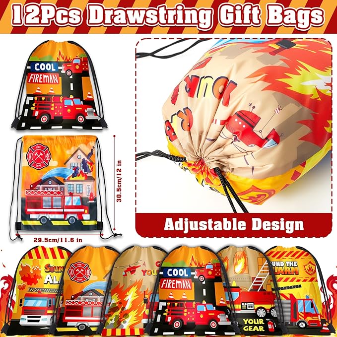 Fire Truck Party Favors Birthday Supplies, Firefighter Drawstring Bag Keychain Silicone Bracelet Tattoo Sticker, Firetruck Birthday Party Goodie Bag Stuffers Fillers Classroom Rewards for Kid