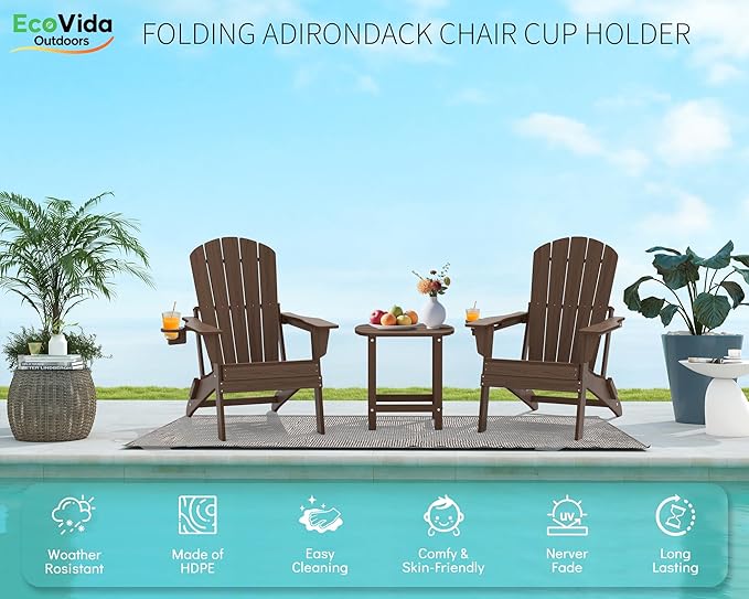 Upgraded Folding Adirondack Chair with All-Weather Cup Holder-EcoVida, Premium Wood Grain Texture, HDPE Waterproof, Suitable for Fire Pit, Patio, Porch, Coffee