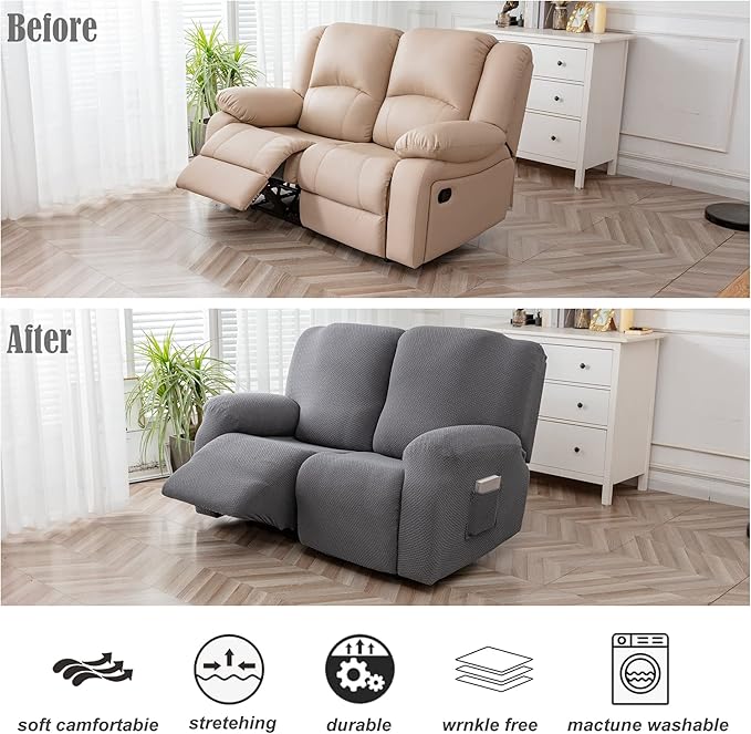 Genina Recliner Loveseat Cover Stretch Couch Covers Sofa slipcover for 2 Seat Reclining Couch Thick Jacquard Furniture Protector (Dark Grey)