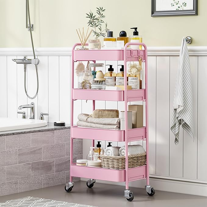 TOOLF 4-Tier Metal Rolling Cart with Wheels, Storage Utility Organizer Cart for Kitchen, Bathroom, Office, Baby Essentials & Makeup - Lockable Casters, Easy Assembly, Large Capacity, Pink