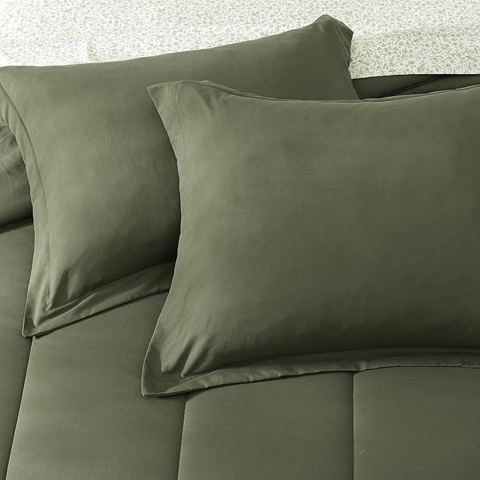 Monbix Queen Comforter Set - 7 Pieces Olive Green Bed in a Bag Queen Track Stitching Bedding Sets, All Seasons Comforter Bed Set with Sheets,Pillowcases & Shams