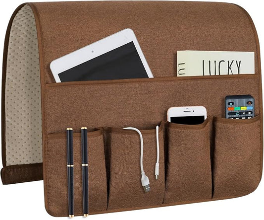 NB Sofa Armrest Organize remote holder bedside caddy organizer with 5 pockets，non-slip couch remote control holder couch armchair caddy accessories (Brown, 35''x18'')