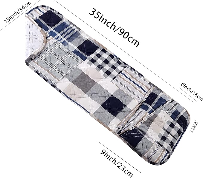 Brilliant Sunshine Multi Blue Plaids and Stripes Patchwork Sofa Armrest 5 Pockets Organizer, Slip Resistant Armchair Caddy, Washable Remote Controls Holder, Storage for Magazine, Tablet, 35×13", Blue