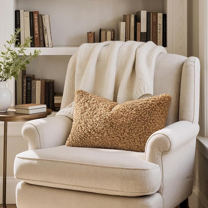 Woaboy Faux Fur Throw Pillow Covers 20x12 Inch Set of 2 Boucle Neutral Decorative Lumbar Sherpa Fuzzy Accent Soft Sheepskin Fleece Cushions Modern Home Decor for Sofa Bedroom Living Room,Light Brown