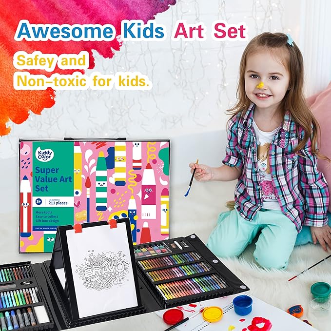 KIDDYCOLOR 211pcs Kids Art Supplies, Portable Painting & Drawing Art Kit for Kids with Oil Pastels, Crayons, Colored Pencils, Markers, Double Sided Trifold Easel Art Set for Girls Boys Teens 3-12