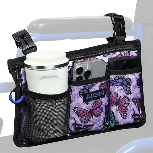 Wheelchair Side Bag, Wheelchair Armrest Pouch Accessories with Cup Holder, Storage Bag for Walker, Rollator, Electric Scooter Wheelchairs, Ideal Gift for Mother's Day & Father's Day (Purple)