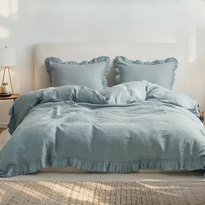 Simple&Opulence 100% Linen Duvet Cover Set, 3 PCS Natural French Flax Dusty Blue Ruffle Duvet Cover Queen Size, Breathable Comfy Linen Bedding Comforter Cover with 2 Pillowcases(Dusty Blue, 88" X 92")