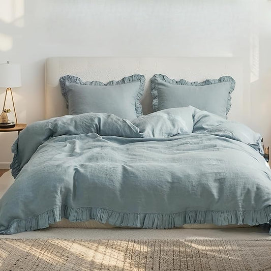 Simple&Opulence 100% Linen Duvet Cover Set, 3 PCS Natural French Flax Dusty Blue Ruffle Duvet Cover Queen Size, Breathable Comfy Linen Bedding Comforter Cover with 2 Pillowcases(Dusty Blue, 88" X 92")