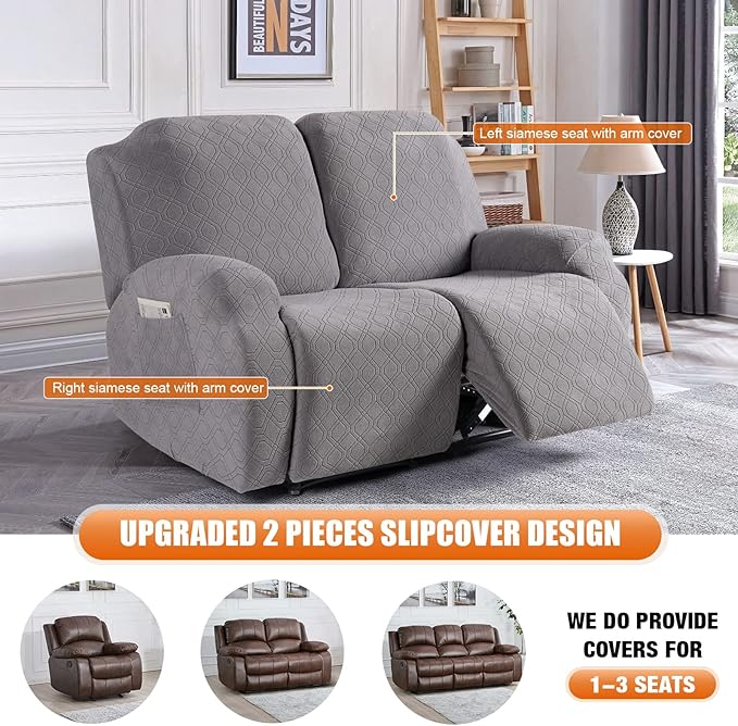 VANSOFY Oversized Recliner Cover, 2-Pieces Stretch Reclining Couch Cover with Pockets Loveseat Sofa Slipcovers Soft Washable Furniture Protector for Dogs Cats(Light Gray)
