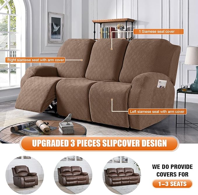 VANSOFY Recliner Cover, 3-Pieces Stretch Reclining Couch Covers with Pockets Reclining Sofa Slipcovers 3 Seater Soft Washable Furniture Protector for Dogs Cats(Light Coffee)