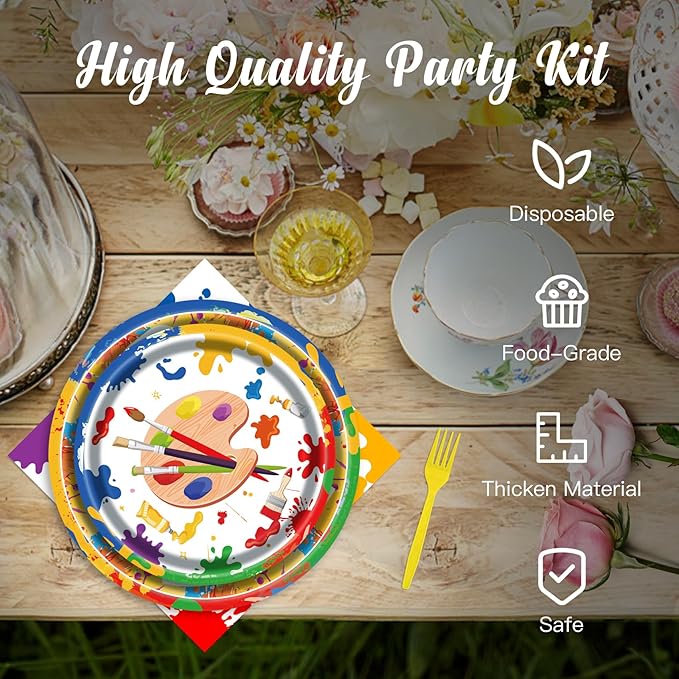 Art Party Kit for 24 Guests - 97 Pcs Including Plates, Forks, Napkins, Bunting - Unleash Imagination with Colorful Artist's Tableware