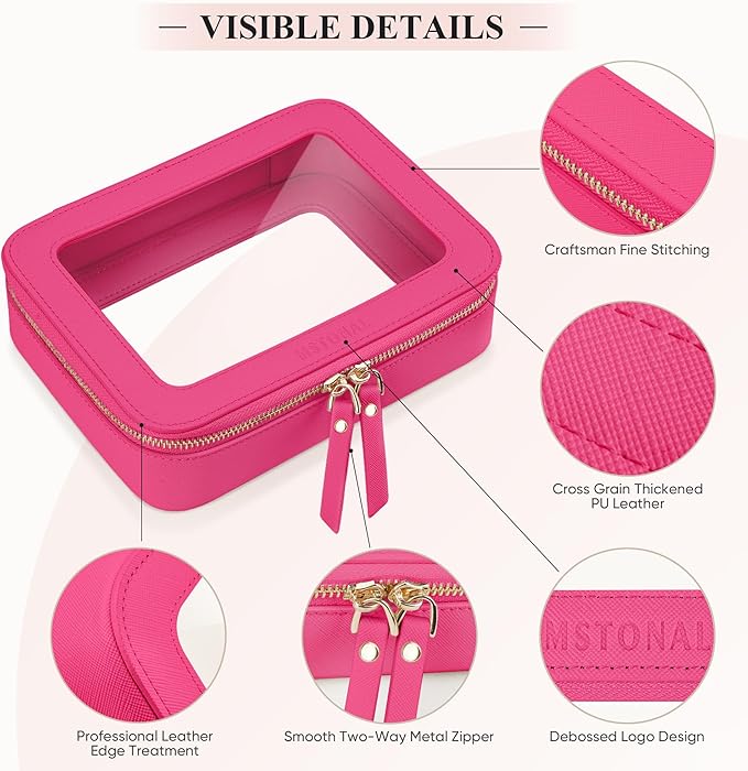 MSTONAL Clear Makeup Bag, Travel Toiletry Bag Cosmetic Case for Women, Waterproof Portable Make Up Skincare Pouch with Zipper, Compact Car Organizer Bag for Essentials, Mini & Medium, Hot Pink