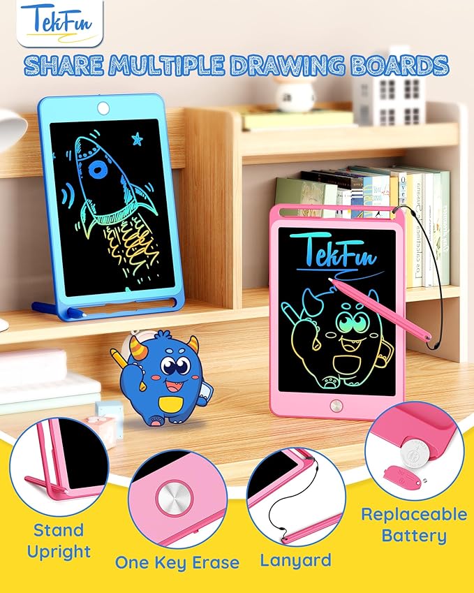 TEKFUN 2 Pack LCD Writing Tablet for Kids, 10 Inch Blue+Pink Doodle Board Drawing Board Reusable Drawing Tablet with Lanyard, Educational Kids Toddler Toys Birthday Gift for Boys Girls 3-12 Years Old