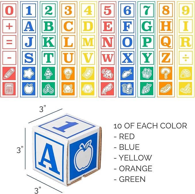 Bankers Box at Play Cardboard ABC/123 Building Learning Blocks, 50 Pack, Larger 3"x 3" Montessori Toy Blocks for Kids and Families