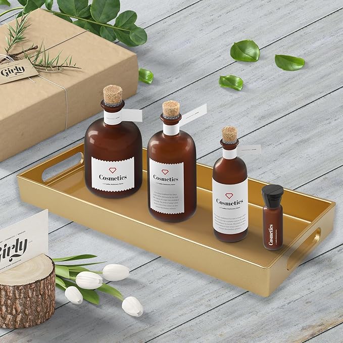 Leemxiiny Plastic Gold Vanity Tray with Handles, Small Decorative Tray Desktop Storage Organizer for Bathroom, Living Room, 13.7"*5.9"*1.37"