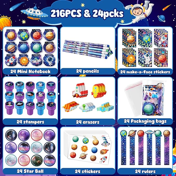 BenLouis 216Pcs Outer Space Themed Party Favors Space Alien Sticker Stampers School Stationery Set Bulk Classroom Prizes for Astronaut Planet Birthday Party Goodie Bags Fillers