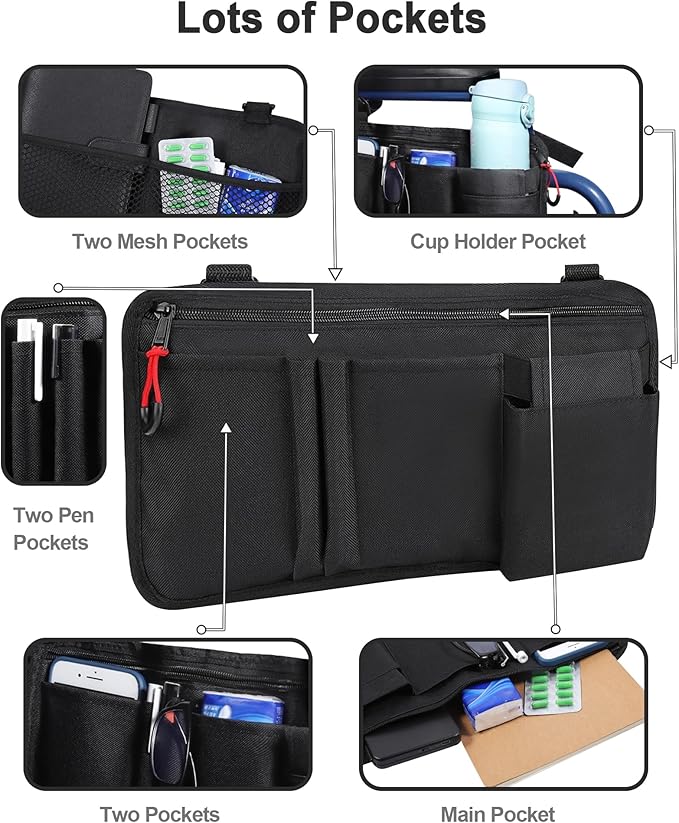 LIGHTMEUP Wheelchair Side Bag with Cup Holder - Wheelchair Armrest Pouch Accessories for Adults, Storage Bags to Hang on Side Oversized Zipper Pull for Electric Wheelchair Walker Rollator Scooter