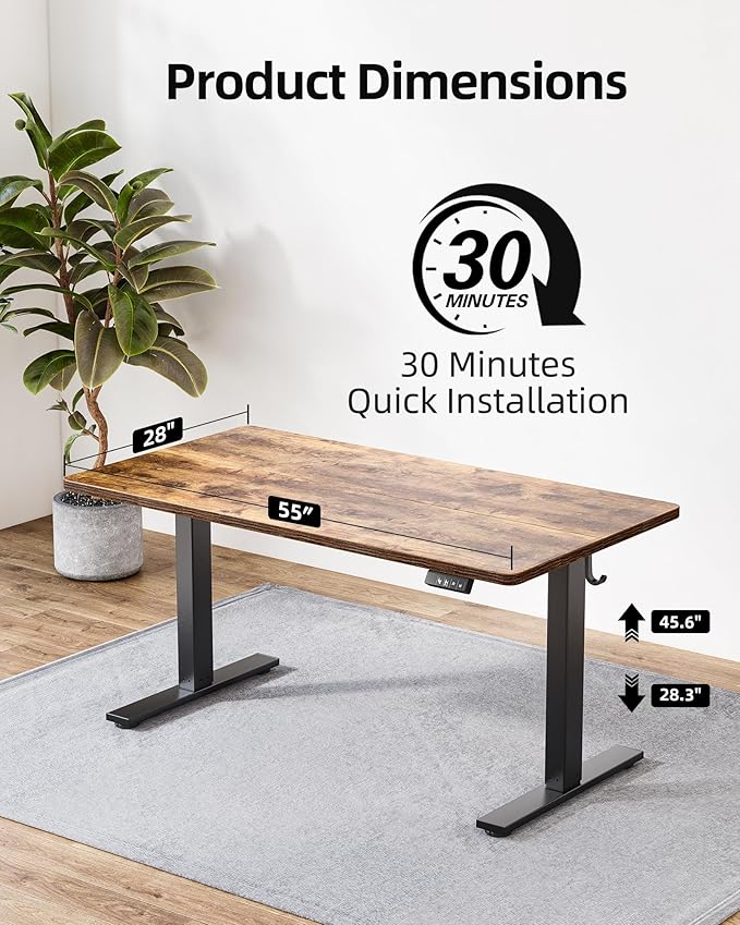 TIQLAB 55 * 28 Inches Standing Desk, Adjustable Height Stand up Desk,Sit Stand Home Office Table with Splice Board, Rustic Brown