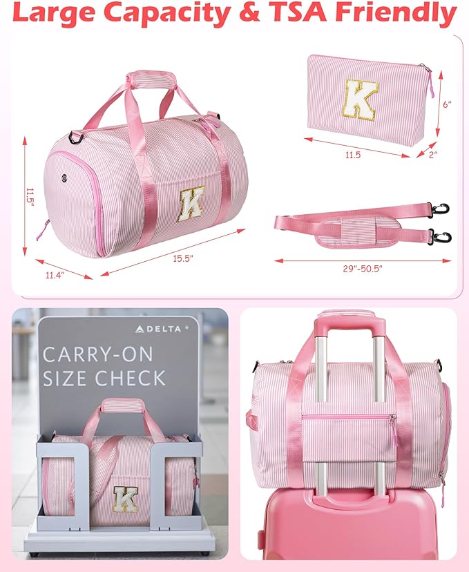 Valentines Gifts for 4 5 6 7 8 9 10 11 12 Years Old Girl, Girls Travel Duffle Bag, Kids Overnight Bags with Shoe Compartment, Weekender Bag with Makeup Pouch, Birthday Gift (Letter A)
