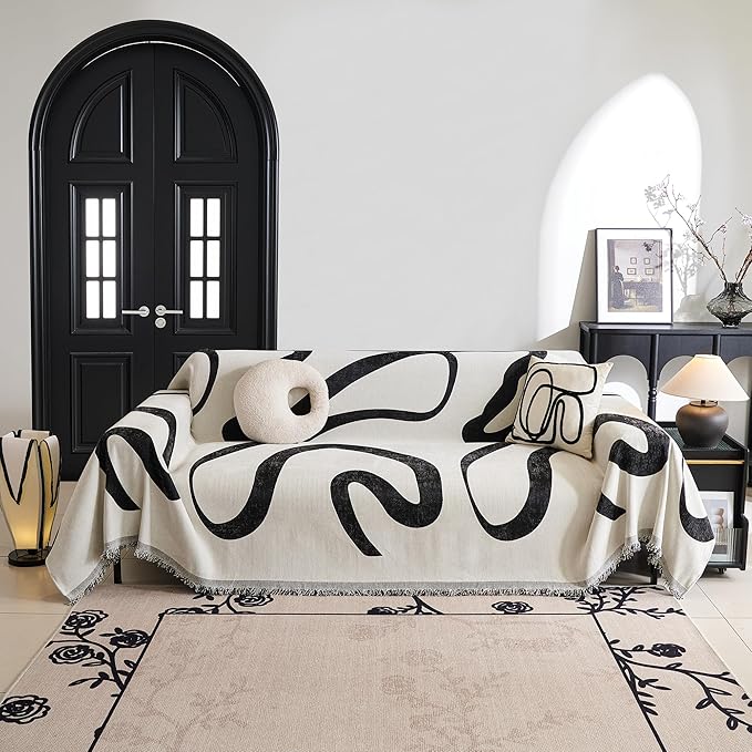 MYSKY HOME Boho Couch Cover Super Soft Couch Covers for 2-3 Cushion Couch Sofa, Modern Black Jacquard Sofa Slipcover Loveseat Futon Cover, Couch Covers for Sectional Sofa, 71" x 134", Black Curve