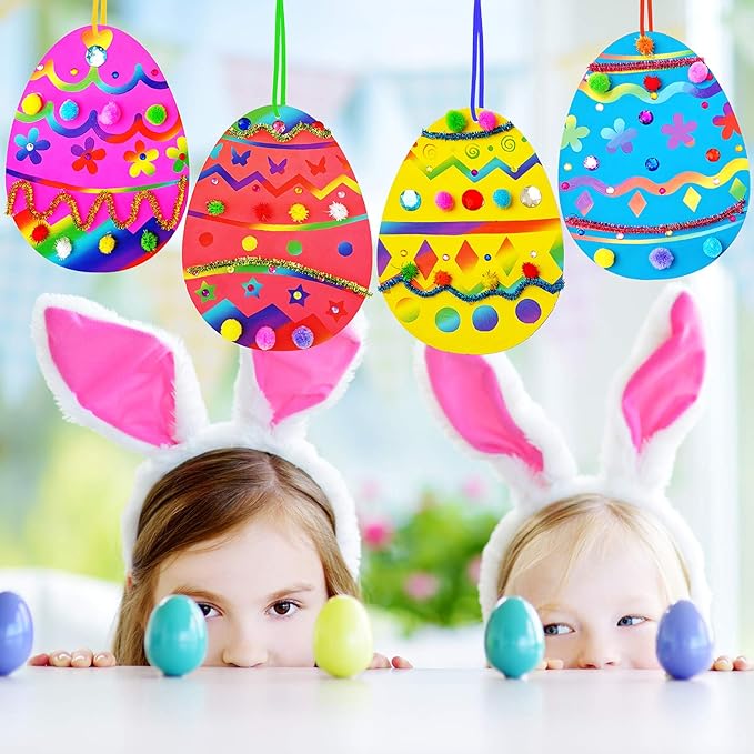 32 Sets Magic Color Scratch Art Easter Egg Ornaments Decorations DIY Easter Craft Kits Assorted Scratch Paper Egg Pom-poms Pipe Cleaners for Kids Party Favors Classroom Home Activity Art Project
