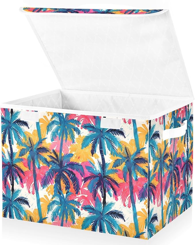 senya Large Storage Bins with Linen Collapsible Foldable Storage Cubes Fabric Closet Organizer Containers box with Flip-Top Lid for Home Bedroom Office 16.7 x 12.6 x 11.8in (Dinosaur Palm Trees)