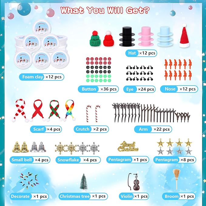12 Pack Modeling Clay DIY Snowman Kit, Christmas Build a Snowman Craft Kit for Kids, Creative Kids Air Dry Modeling Clay, Christmas Crafts Xmas Gift Stocking Stuffers for Kids