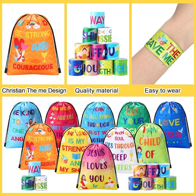 Frienda 10 Sets Christian Gift Bags Bulk Bible Verse Drawstring Bags with Jesus Slap Bracelets Religious Party Favors Gifts Jesus Loves You for Sunday School Classroom Prizes Party Supplies(Classic)