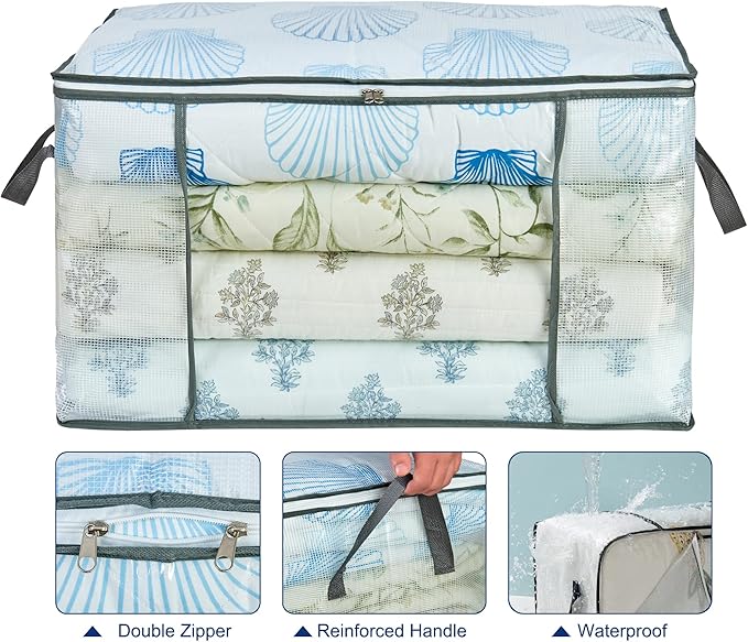 80L Clear Large Storage Bag, Clothes Storage Containers for Organizing Closet, Bedroom, Underbed, Comforters, Clothing, Blankets, Pillow, Foldable Organizer with Sturdy Handle and Zippers (4)