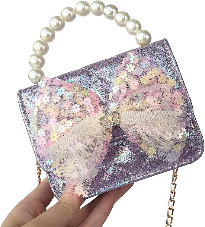 Girl Handbag Purse for Little Girls Kids Pretend Play Dress Up Necklace Hair Accessories Jewelry Set, Light Purple