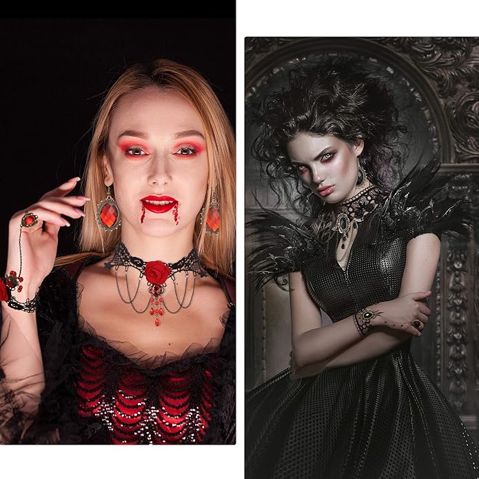 Hicarer 13 Pcs Halloween Vampire Costume Jewelry Gothic Devil Vampire Choker Bracelet Earrings Vampire Teeth Fangs Red Black Lolita Pendant Choker Jewelry for Victorian Vampire Cosplay Zombie Party