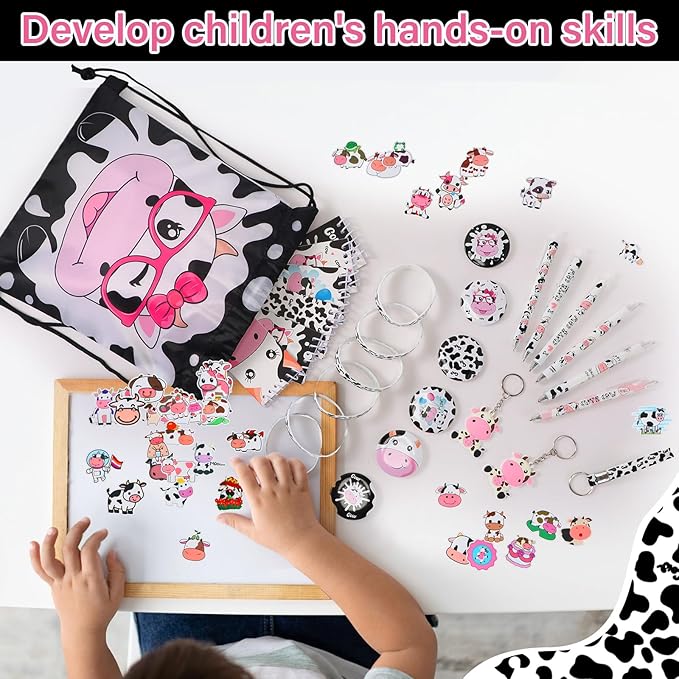 152 Pcs Cow Party Favors Supplies Include Cow Drawstring Goodie Bag Silicone Bracelets Cow Keychain Cow Stickers Spiral Notepads Bulk Inflatable Headbands Button Pin Pens Cow Print Notebook for Kid