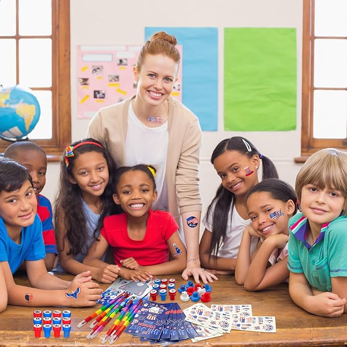 72 Pcs Patriotic Party Favors Set, 4th of July Coloring Books Red White Blue Party School Exchange Gifts Tattoo DIY Sticker Stampers Class Reward Prizes for Independence Memorial Day Party Supplies