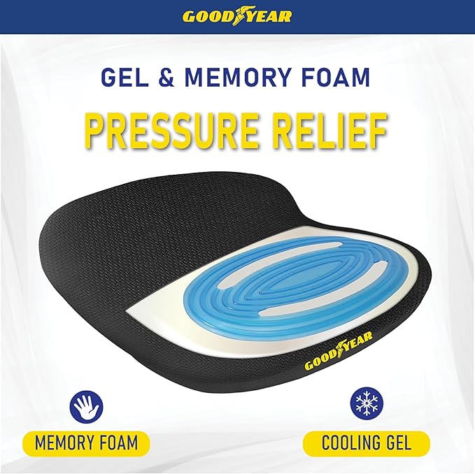 Goodyear Memory Foam Car Seat Cushion – Gel Seat Cushions for Office Chairs, Tailbone Pain Relief Cushion, Cooling Pillow, Slim Fit Car Seat