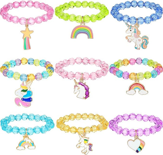 Hicarer 9 Pieces Unicorn Girls Bracelets for Toddler Little Girls Rainbow Bracelets Princess Colorful Cute Beaded Jewelry for Gift Goodie Bag Stuffers Birthday Party Favors(Crystal Style)