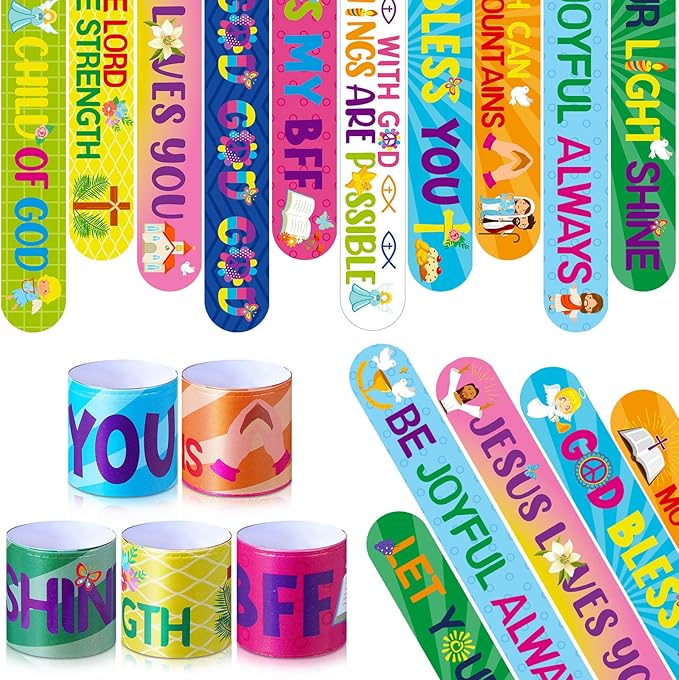 40 Pcs Bible Verses Religious Christian Slap Bracelets for Kids Jesus Love You Wristbands Inspirational Motivational Christian Nativity Slap Bracelet Sunday School Supplies He Is Risen(motivational)