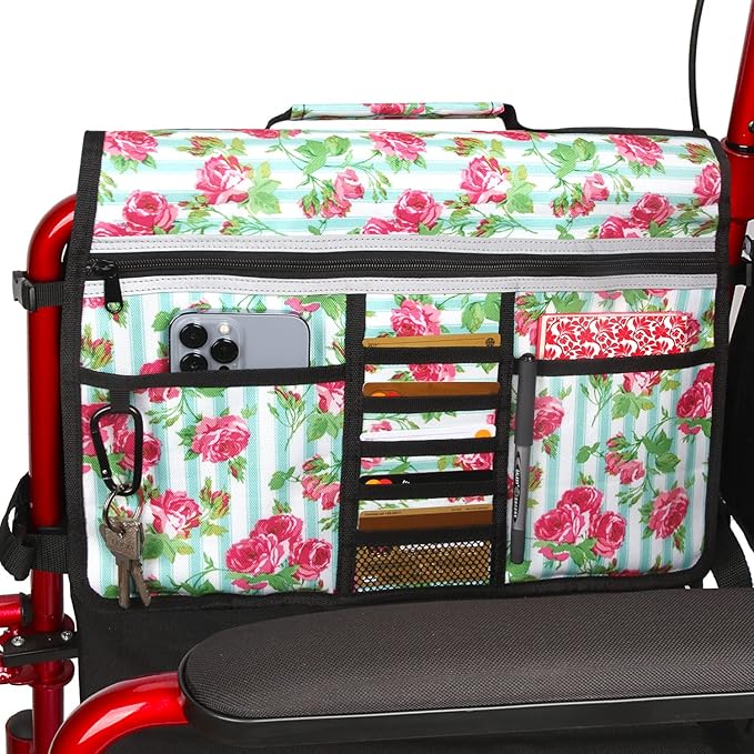 Wheelchair Storage Bag, Double-Sided Armrest Pouch with Cup Holder and Reflective Strip, for Wheelchairs and Walkers (White Floral)