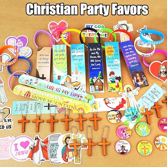 128Pcs Christian Christmas Party Favors Religious Gifts for Kids, With Bible Verse Bookmarks Cross Charm Keychains Jesus Bracelets Badge Stickers, for Sunday School Classroom Reward Prize