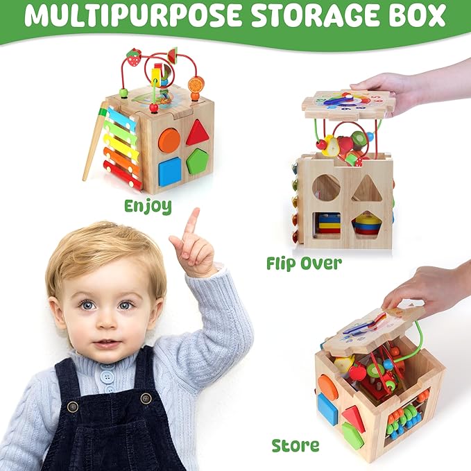 Batlofty Wooden Activity Cube | 8-in-1 Montessori Toys for 1+ Year Old Boys & Girls, Educational Learning Toy for Toddlers Age 1-2, 1st Birthday Gift | Bonus Sorting & Stacking Board