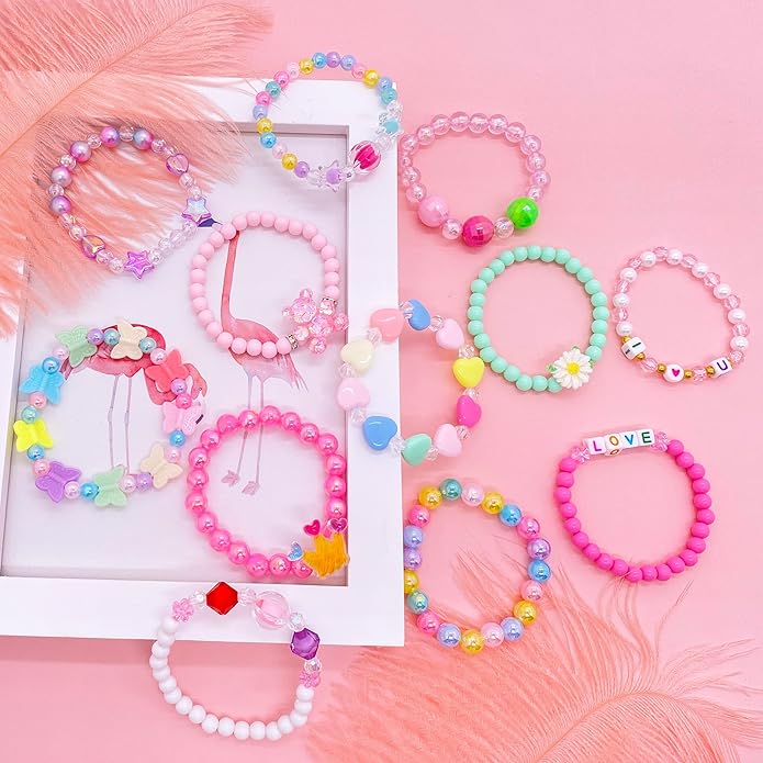 12 PCS Kids Bracelets for Girls Jewelry Little Girl Beaded Bracelets Flower Butterfly LOVE Letter Pink Princess Pretend Play Easter Christmas Birthday Gift