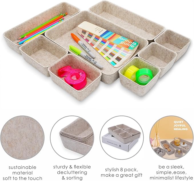 Welaxy Desk Drawer Organizer Tray, 8-Piece Beige Office Storage, Nordic Minimalist Lifestyle (Oatmeal)