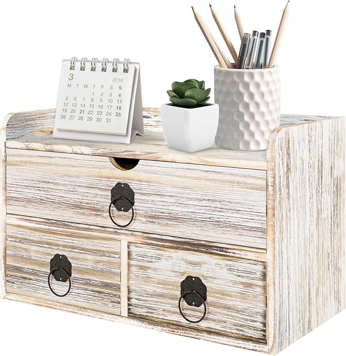 Wood Desk Organizer with Drawer, Vintage Brown Wooden Desktop Organizer, Tabletop Storage Organization Box for Countertop, Home Office Supplies (3 Drawer and Shelf)