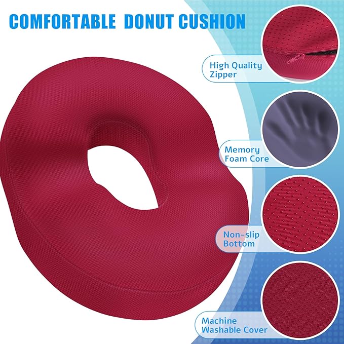 BlissTrends Donut Pillow Seat Cushion, Donut Chair Cushions for Postpartum Pregnancy & Hemorrhoids, Tailbone Pain Relief Cushion, Memory Foam Lifting Cushions for Office & Home Chairs (Red, XX-Large)