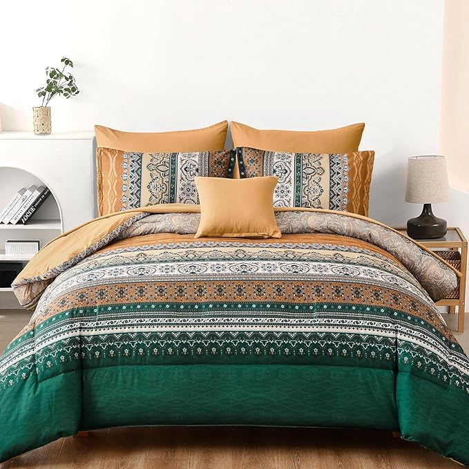 Cottolester Boho Comforter Set Queen Size,8 Pieces Brown and Green Bohemian Striped Bed in a Bag,Paisley Soft Microfiber Bedding Comforter Set