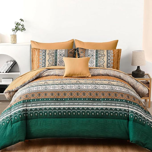 Cottolester Boho Comforter Set Queen Size,8 Pieces Brown and Green Bohemian Striped Bed in a Bag,Paisley Soft Microfiber Bedding Comforter Set