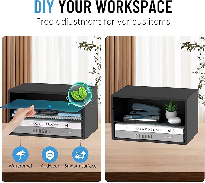 Wood Desk Organizer, 3 Tier Paper Tray Organizer for Desk with Adjustable Storage Shelves, Printer Stand Desktop File Organization Paper Sorter Mail Holder for Office Home Classroom, Black