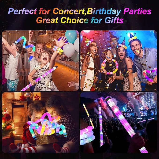 Light Up Pop Fidget Tubes Party Favors for Kids, 12 Pack Glow in The Dark Party Supplies Toddler Sensory Toys, Large Glow Sticks as Goodie Bag Stuffers and Birthday Party Pack Return Gifts for Kids