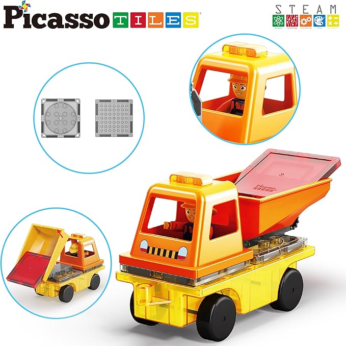 PicassoTiles Magnet Tile Building Blocks 3-in-1 Crane, Dump Truck, and Ladder Construction Vehicle Brick Compatible Magnetic Tiles Toy Set with Car Base Character Action STEM Learning Kit Age 3+ PTU03