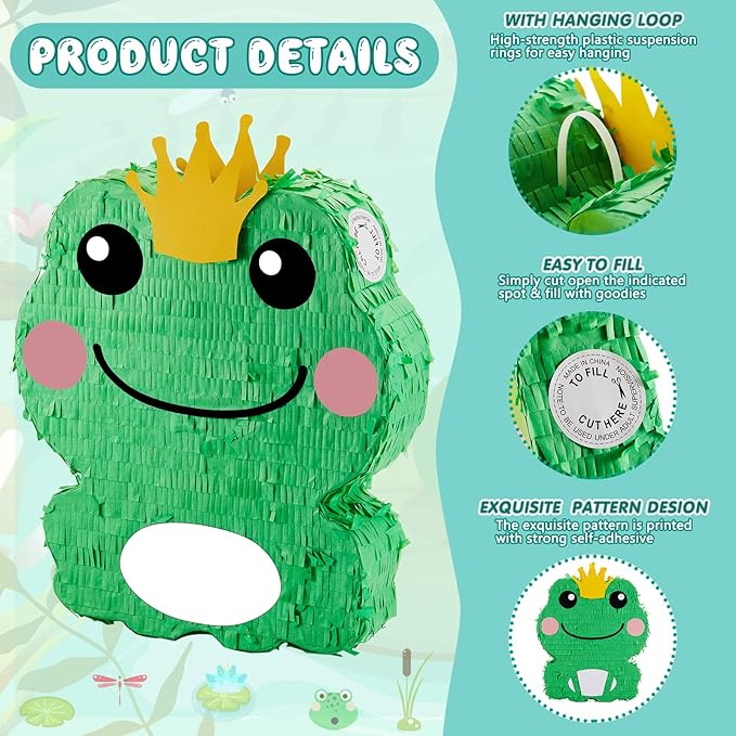 Lewtemi 15'' x 12'' x 3'' Frog Piñata Set Frog Birthday Decorations Include Large Piñata, Stick, Blindfold and Confetti for Kids Frog Party Decorations Favors Supplies Outdoor Games